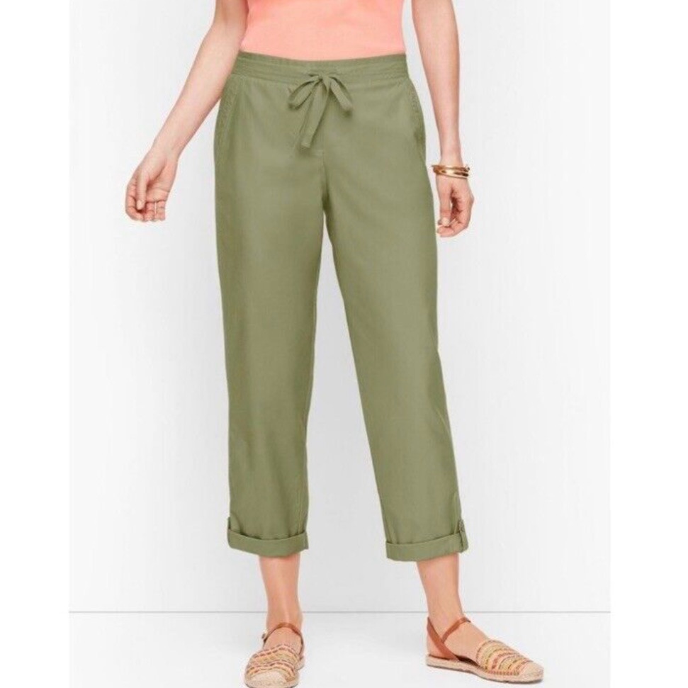 Talbots Soft Twill Slim Leg High Rise Cropped Roll Tab Pants Green Size 8 Medium
